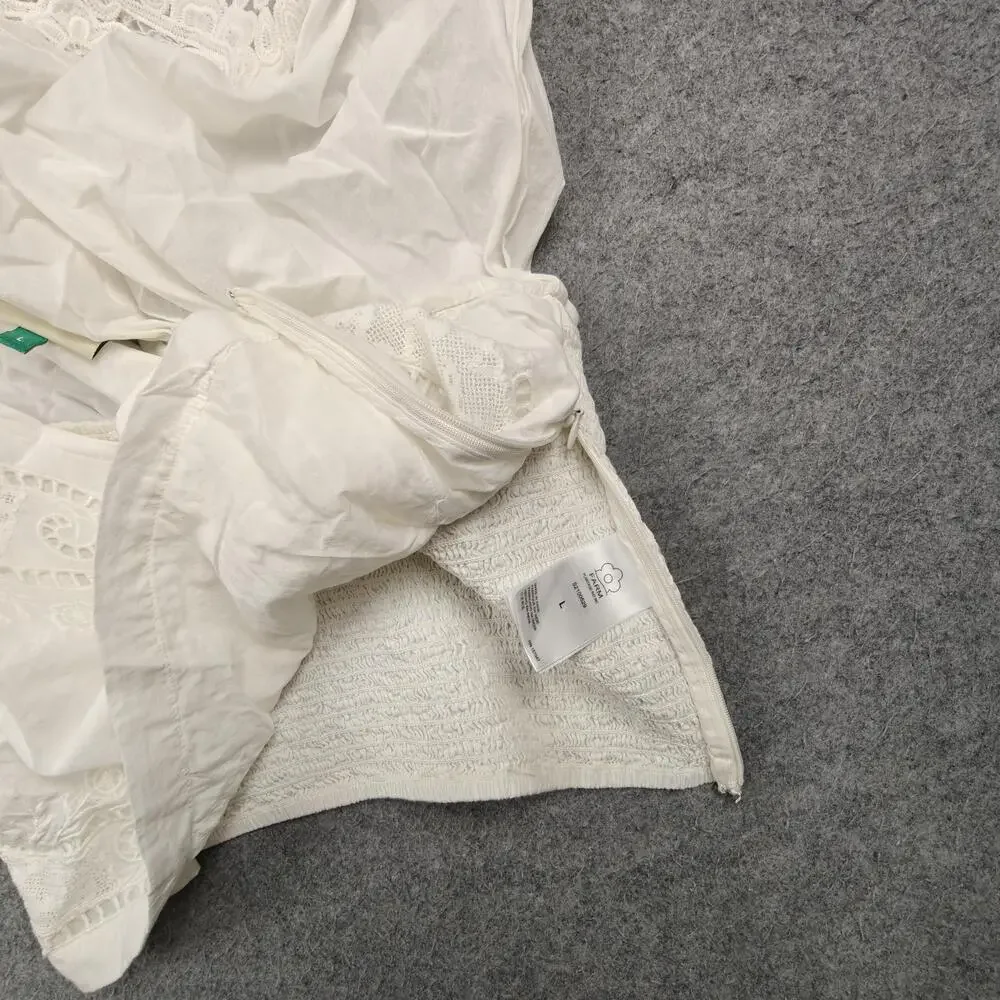 Farm Rio Blouse Womens Large White Cropped Square Neck Embroidered Crochet